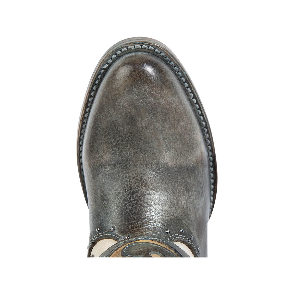 Top view showing an almond toe on FREEBIRD women's Tash blue multi leather bootie