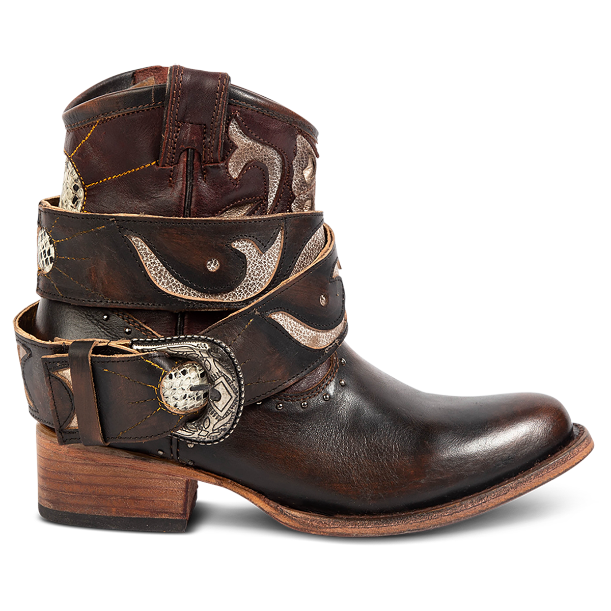 FREEBIRD women's Tash brown multi leather bootie with an inside working zipper, removable belt and laser cut detailing 