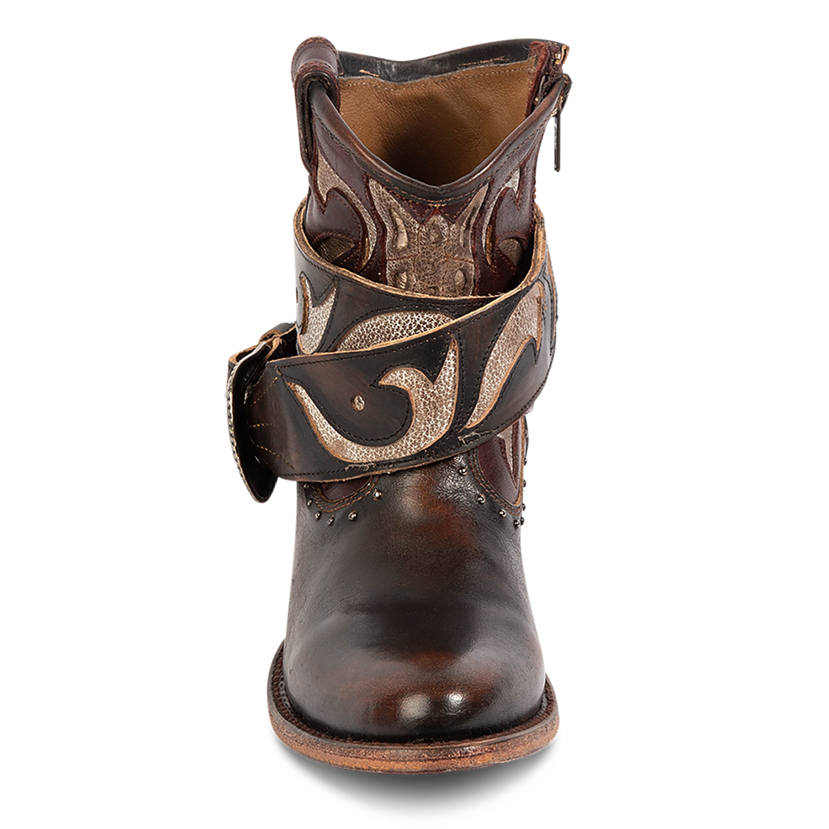 Front view showing FREEBIRD women's Tash brown multi leather bootie with laser cut detailing, removable belt and embellished with stud detailing