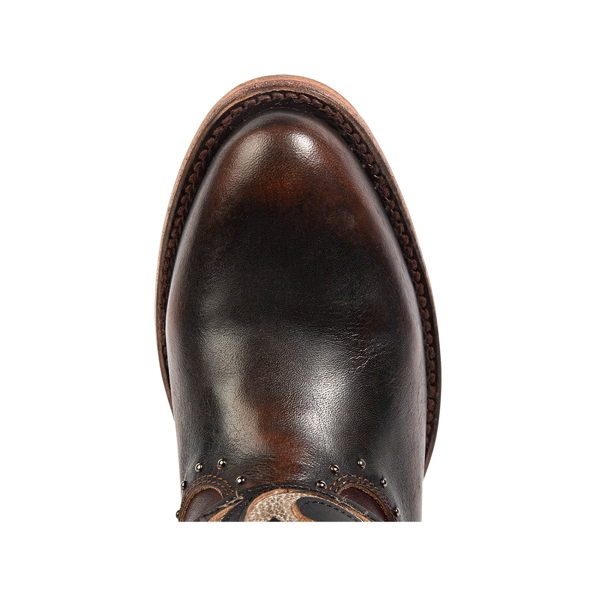 Top view showing an almond toe on FREEBIRD women's Tash brown multi leather bootie