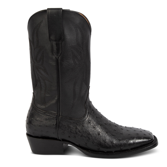 FREEBIRD men's Union black ostrich leather boot with leather pull straps, traditional stitching and square toe construction