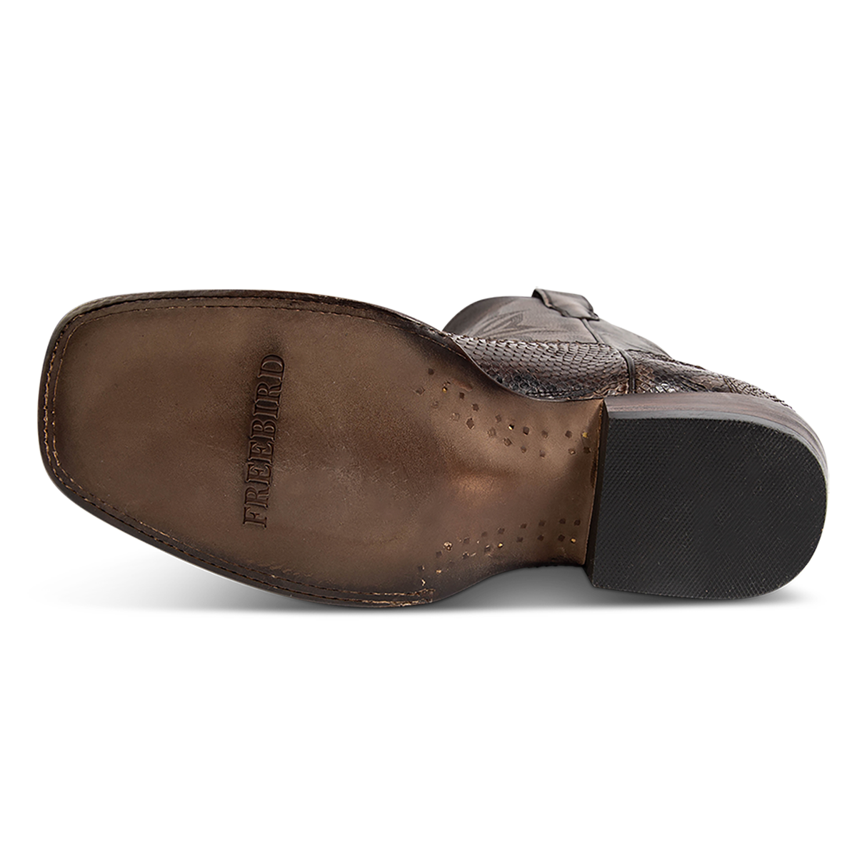 Leather sole imprinted with FREEBIRD on men's Union steel python leather boot