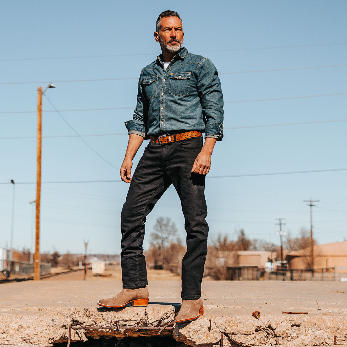 FREEBIRD men's Union taupe suede leather boot with leather pull straps, traditional stitching and square toe construction lifestyle