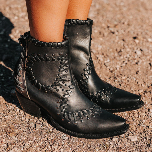 FREEBIRD women's Walker black leather bootie with asymmetrical whip stitch detailing, stud embellishments and back heel lacing