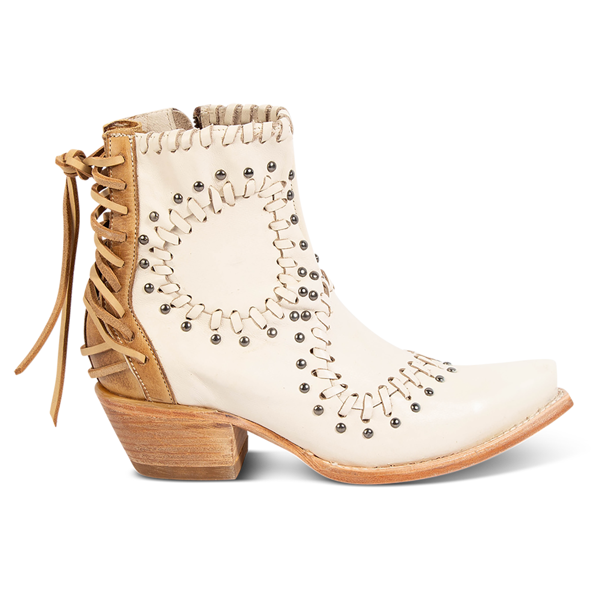 FREEBIRD women's Walker bone leather bootie with asymmetrical whip stitch detailing, stud embellishments and back heel lacing