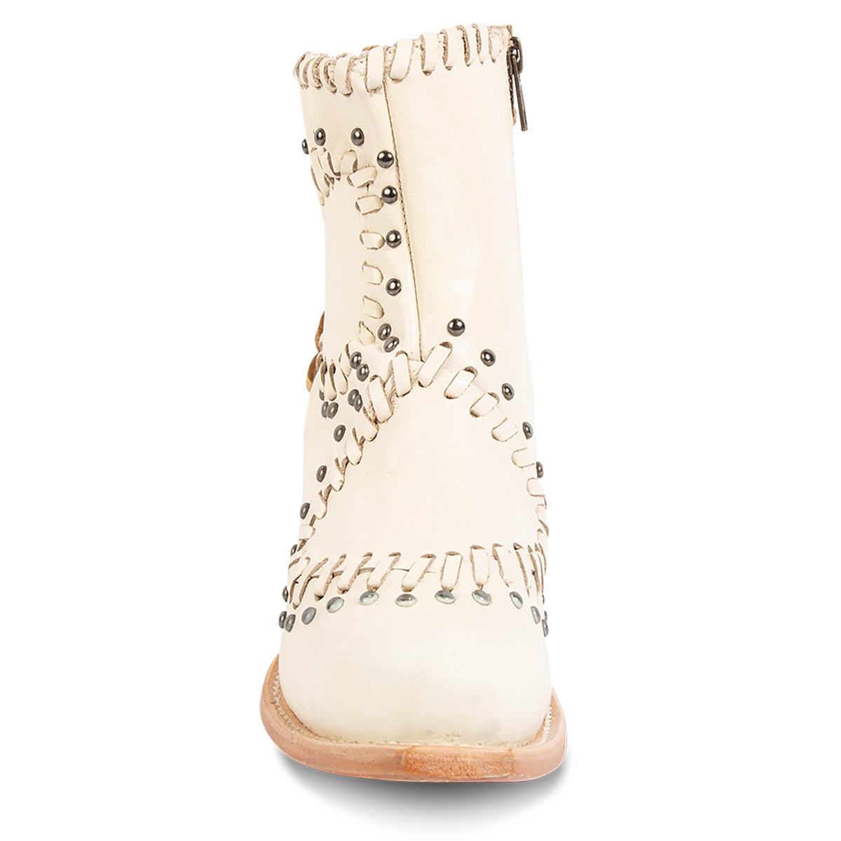 Front view showing FREEBIRD women's bone leather bootie with asymmetrical whip stitch detailing, stud embellishments and back heel lacing