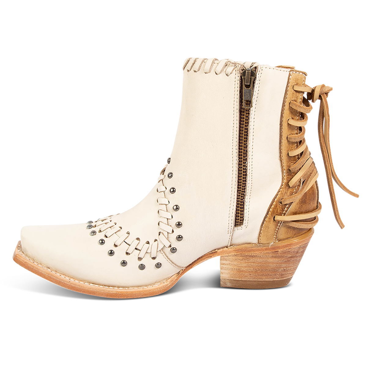 Inside view showing FREEBIRD women's Walker bone leather bootie with asymmetrical whip stitch detailing, stud embellishments and back heel lacing