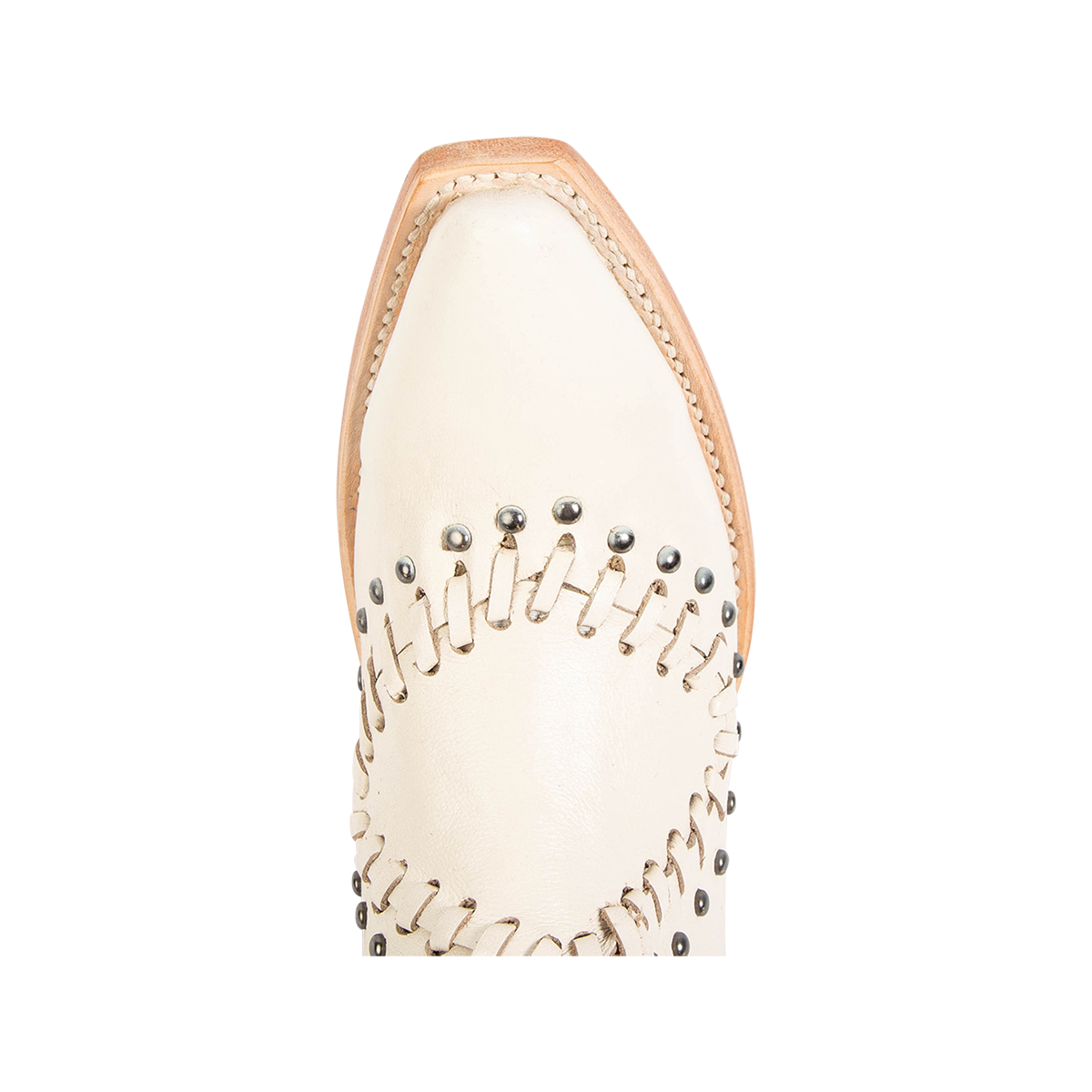 Top view showing snip toe and whip stitch detailing on FREEBIRD women's Walker bone leather bootie