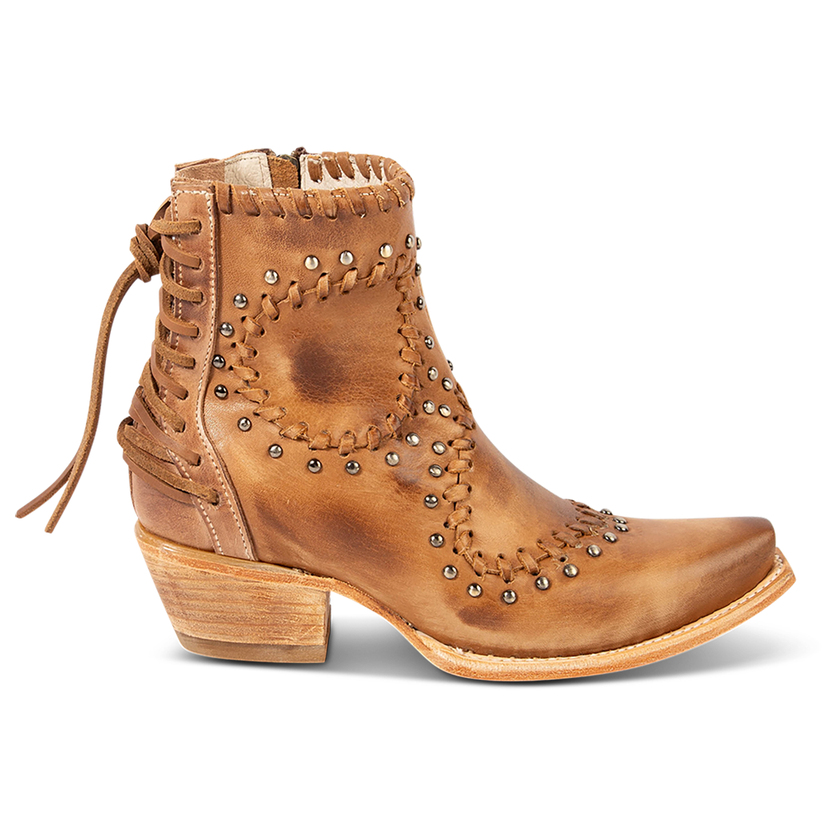 FREEBIRD women's Walker natural leather bootie with asymmetrical whip stitch detailing, stud embellishments and back heel lacing