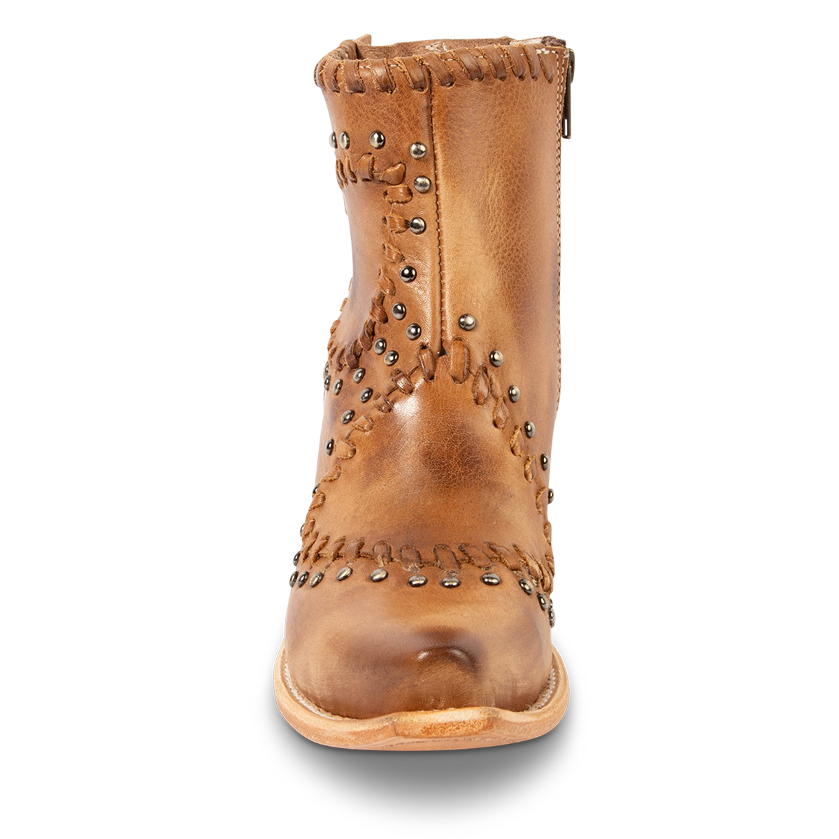 Front view showing FREEBIRD women's Walker natural leather bootie with asymmetrical whip stitch detailing, stud embellishments and back heel lacing