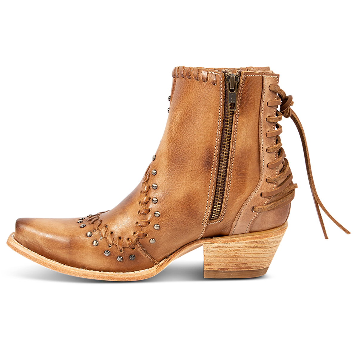 Inside view showing FREEBIRD women's Walker natural leather bootie with asymmetrical whip stitch detailing, stud embellishments and back heel lacing