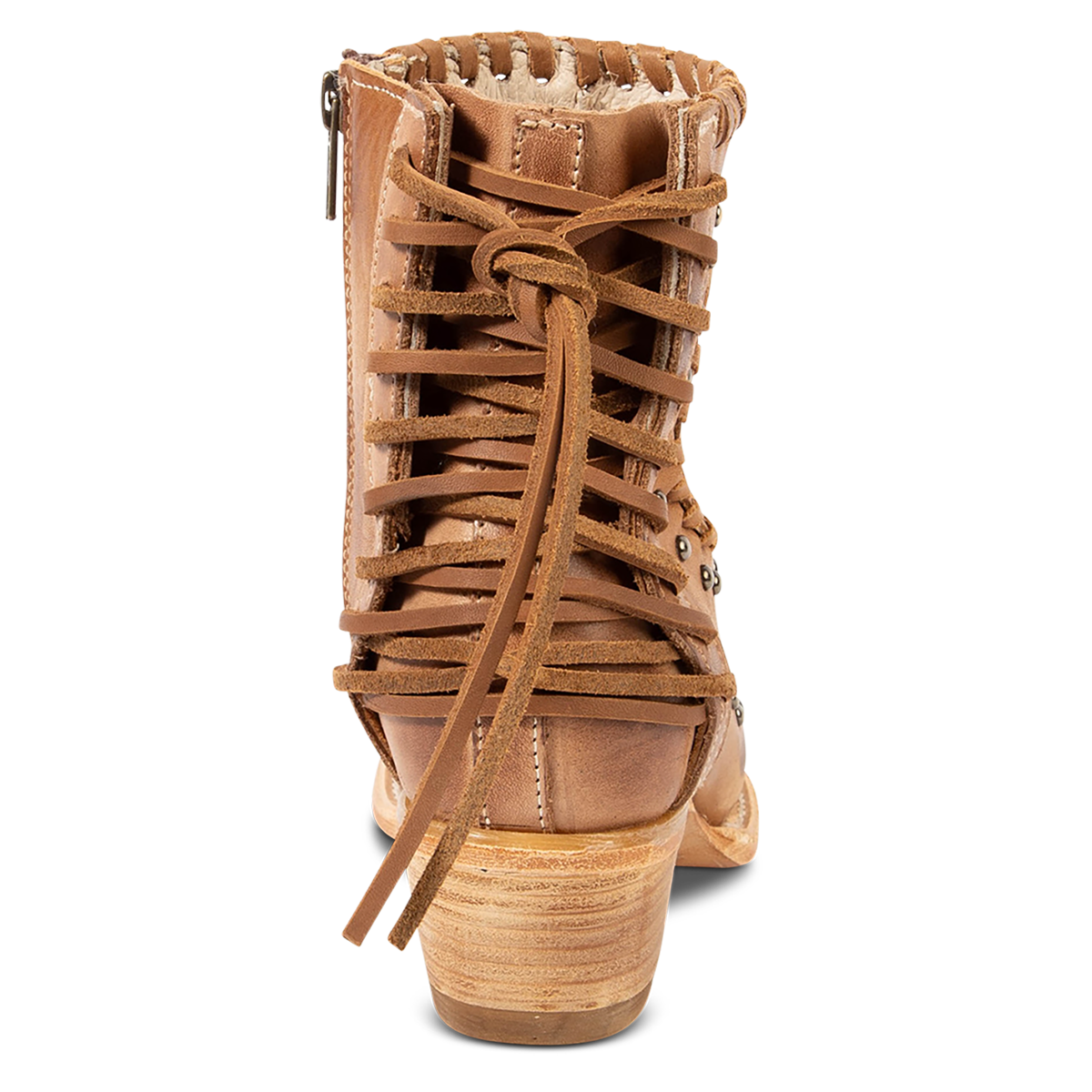 Back view showing FREEBIRD women's Walker natural leather bootie with asymmetrical whip stitch detailing, stud embellishments and back heel lacing