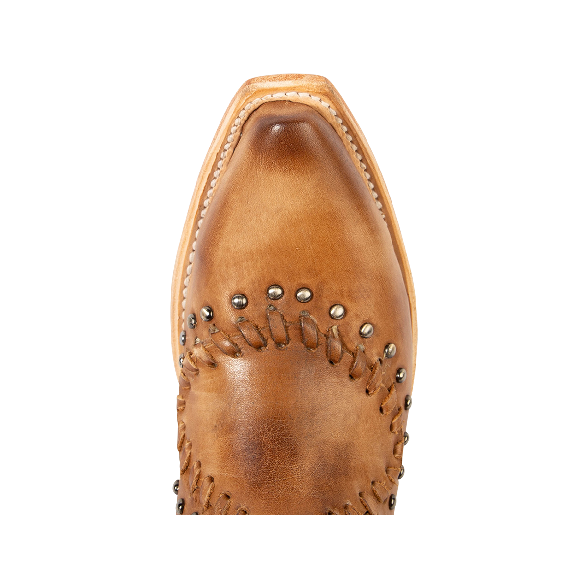 Top view showing snip toe and whip stitch detailing on FREEBIRD women's Walker natural leather bootie