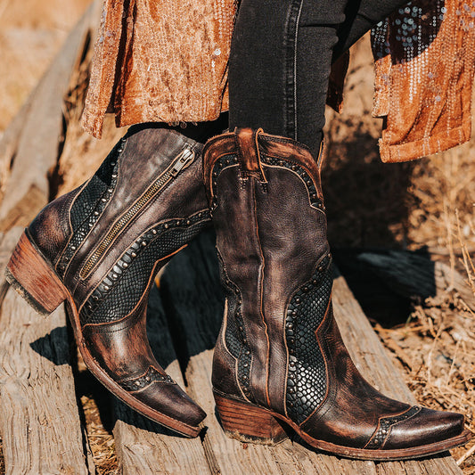 FREEBIRD women's Warner black leather western cowboy boot with embossed detailing and snip toe construction