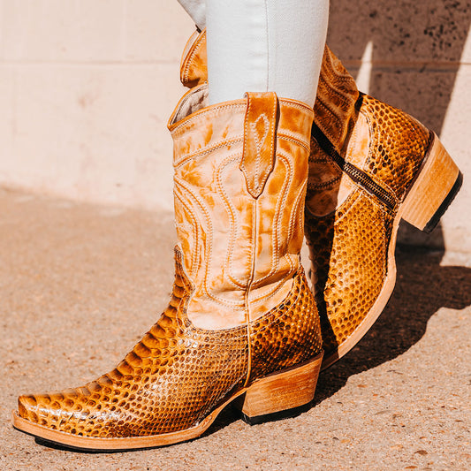 FREEBIRD women's Warrick yellow python multi exotic leather western cowgirl mid calf boot