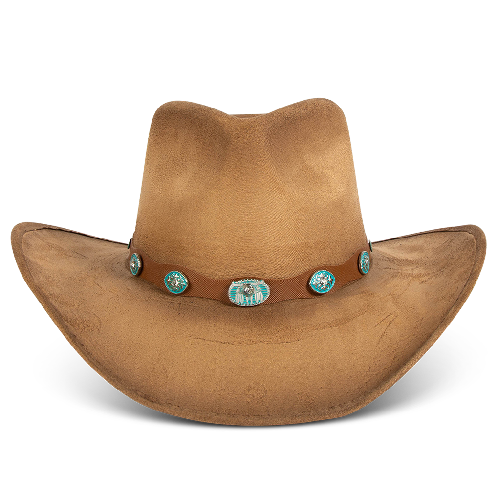 FREEBIRD Wesson camel distressed cowboy hat featuring teardrop crown, western curved brim, and turquoise metal detailing