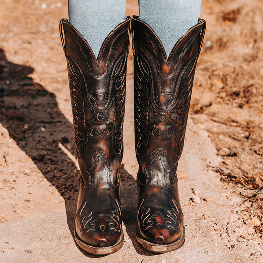 FREEBIRD women's Willie black leather western boot with textured design, stitch detailing, and snip toe construction 