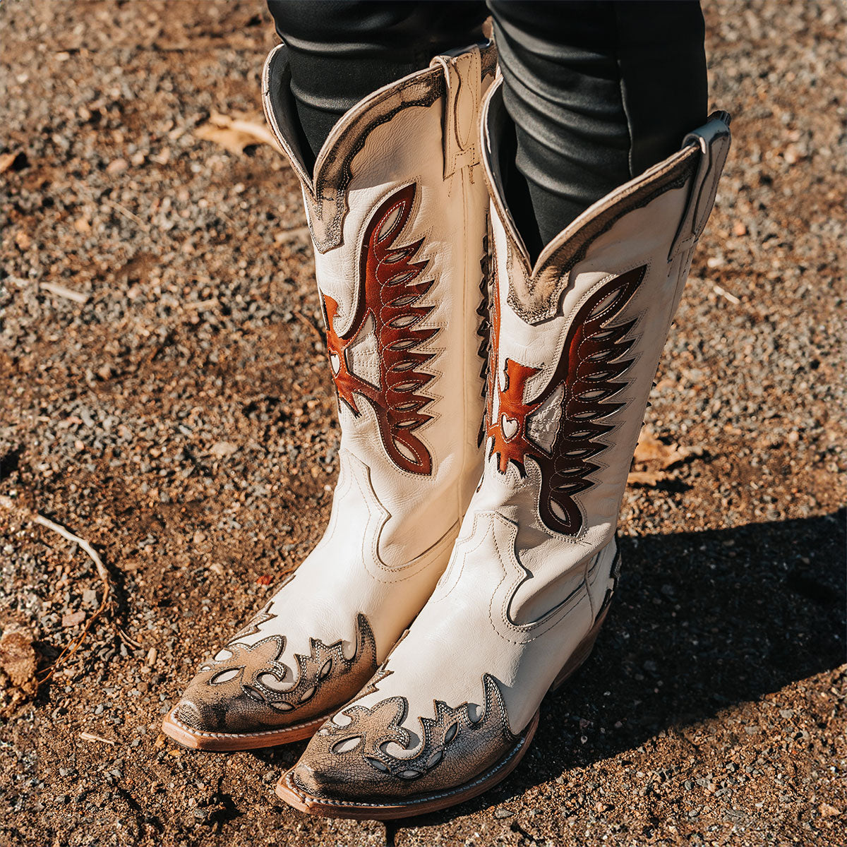 FREEBIRD women's Willie pewter cognac multi leather western boot with textured design, stitch detailing, and snip toe construction