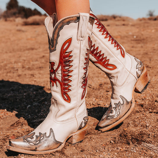 FREEBIRD women's Willie pewter cognac multi leather western boot with textured design, stitch detailing, and snip toe construction