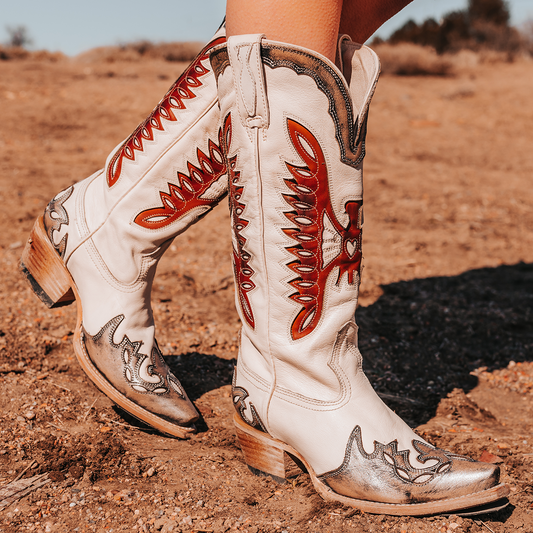 FREEBIRD women's Willie pewter cognac multi leather western boot with textured design, stitch detailing, and snip toe construction