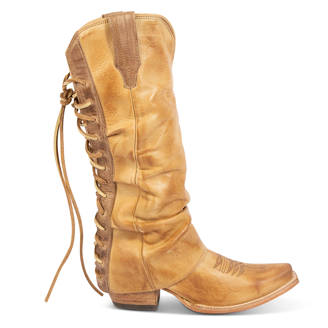 FREEBIRD women's Wilma beige leather boot with adjustable back tie lacing, relaxed leather shaft and traditional snip toe construction