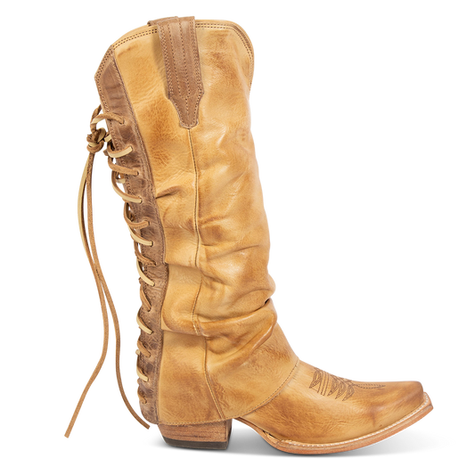 FREEBIRD women's Wilma beige leather boot with adjustable back tie lacing, relaxed leather shaft and traditional snip toe construction