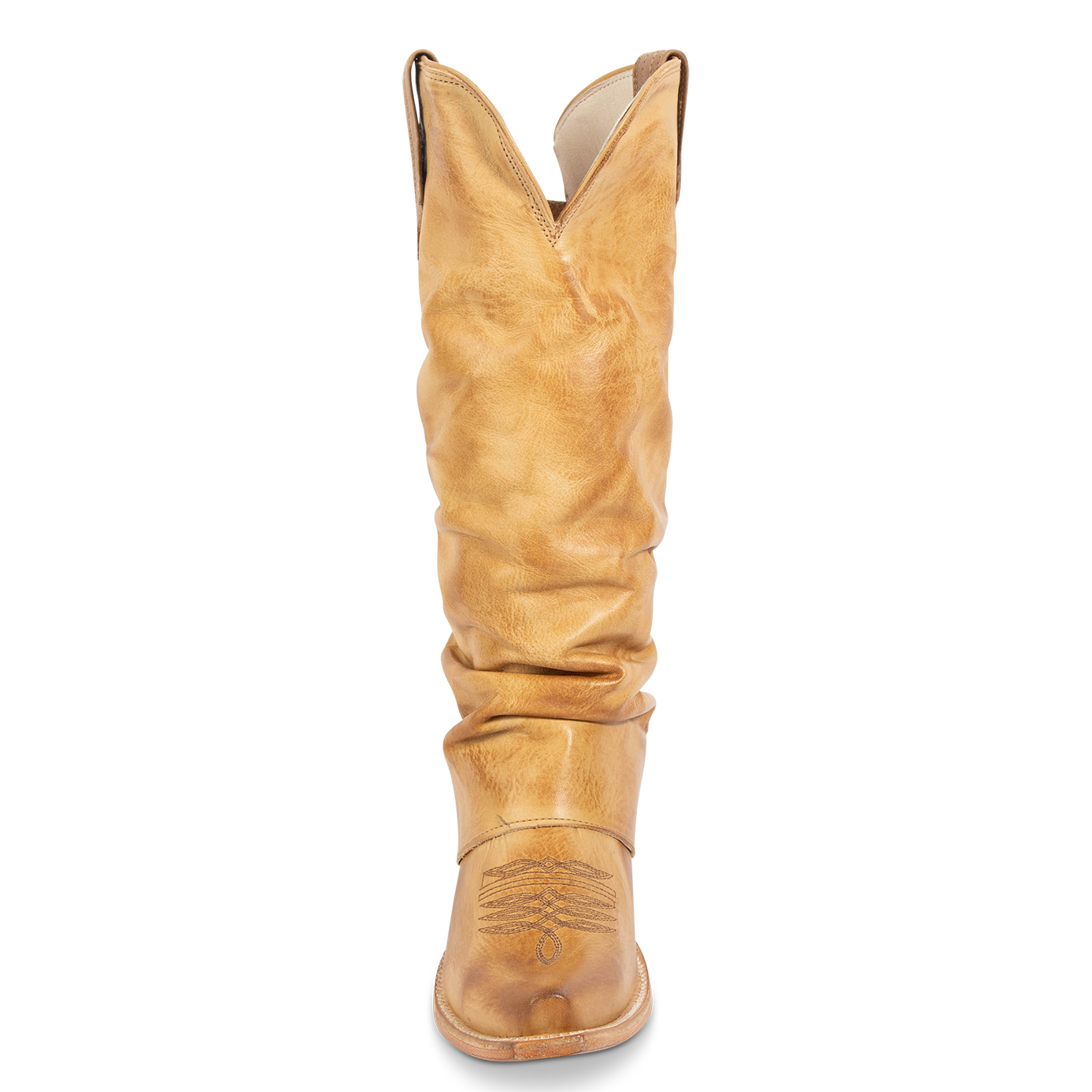 Front view showing FREEBIRD women's Wilma beige leather boot with adjustable back tie lacing, relaxed leather shaft and traditional snip toe construction