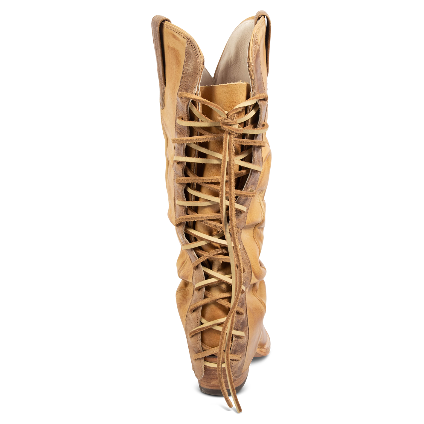 Back view showing FREEBIRD women's Wilma beige leather boot with adjustable back tie lacing, relaxed leather shaft and traditional snip toe construction