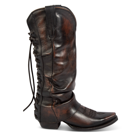 FREEBIRD women's Wilma black leather boot with adjustable back tie lacing, relaxed leather shaft and traditional snip toe construction