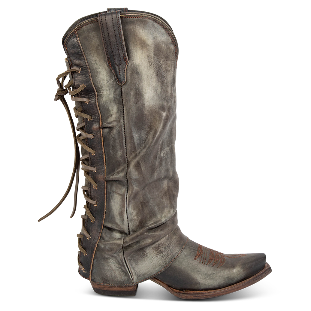 FREEBIRD women's Wilma olive leather boot with adjustable back tie lacing, relaxed leather shaft and traditional snip toe construction