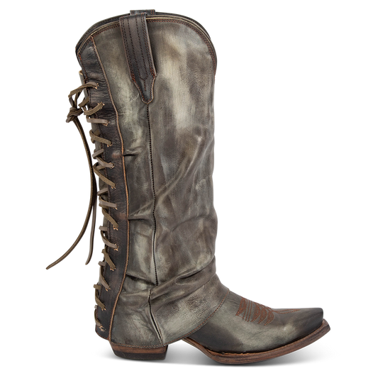 FREEBIRD women's Wilma olive leather boot with adjustable back tie lacing, relaxed leather shaft and traditional snip toe construction