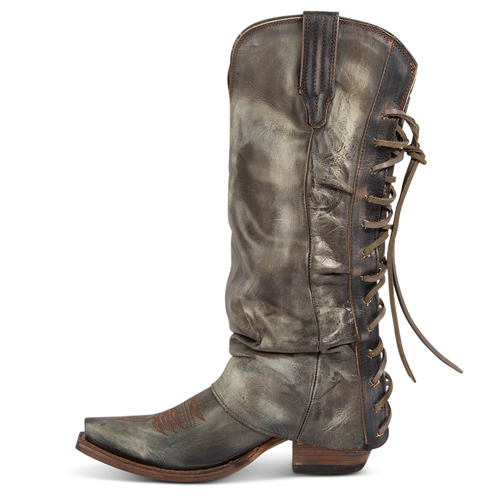 Inside view showing FREEBIRD women's Wilma olive leather boot with adjustable back tie lacing, relaxed leather shaft and traditional snip toe construction