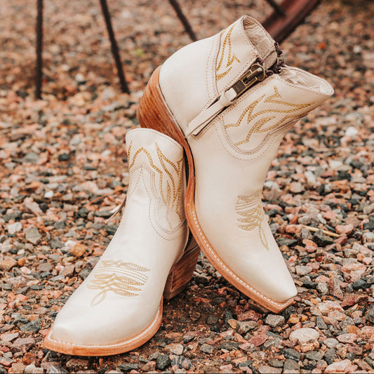 FREEBIRD women's Wolfie beige leather bootie with stitch detailing and snip toe construction