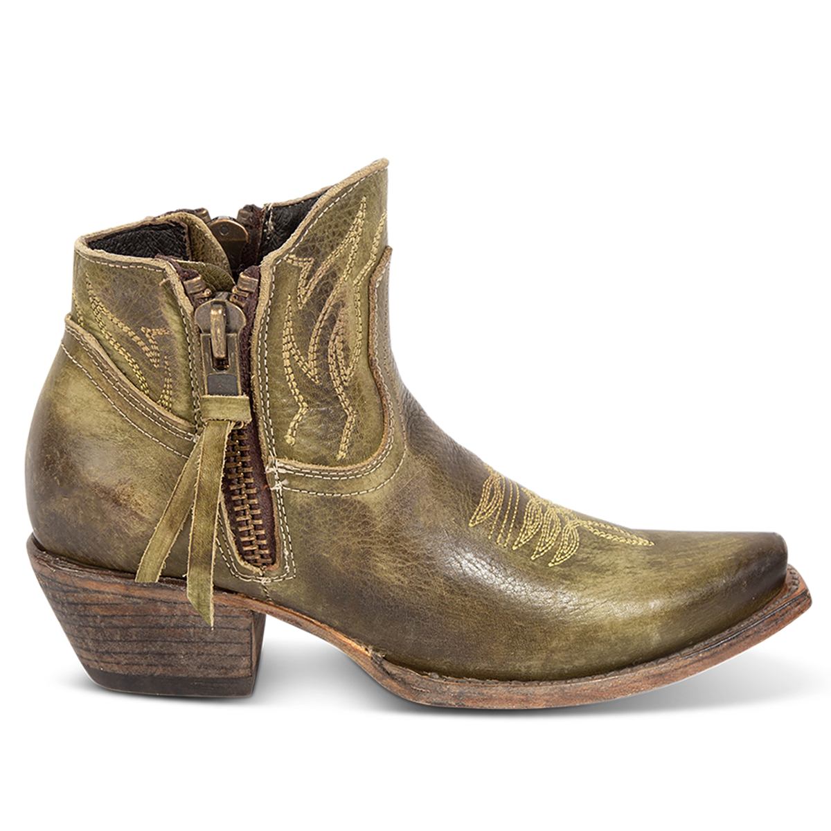 FREEBIRD women's Wolfie olive leather bootie with stitch detailing and snip toe construction