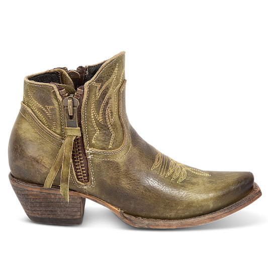 FREEBIRD women's Wolfie olive leather bootie with stitch detailing and snip toe construction