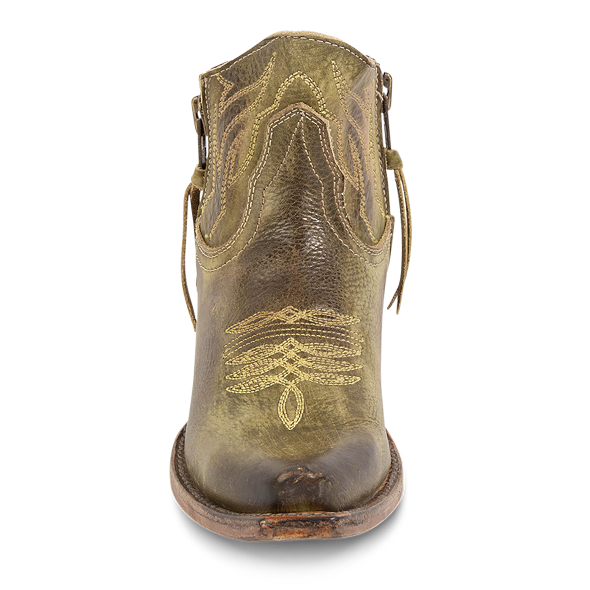 Front view of FREEBIRD women's Wolfie olive leather bootie with stitch detailing, snip toe construction and symmetrical brass zip closures