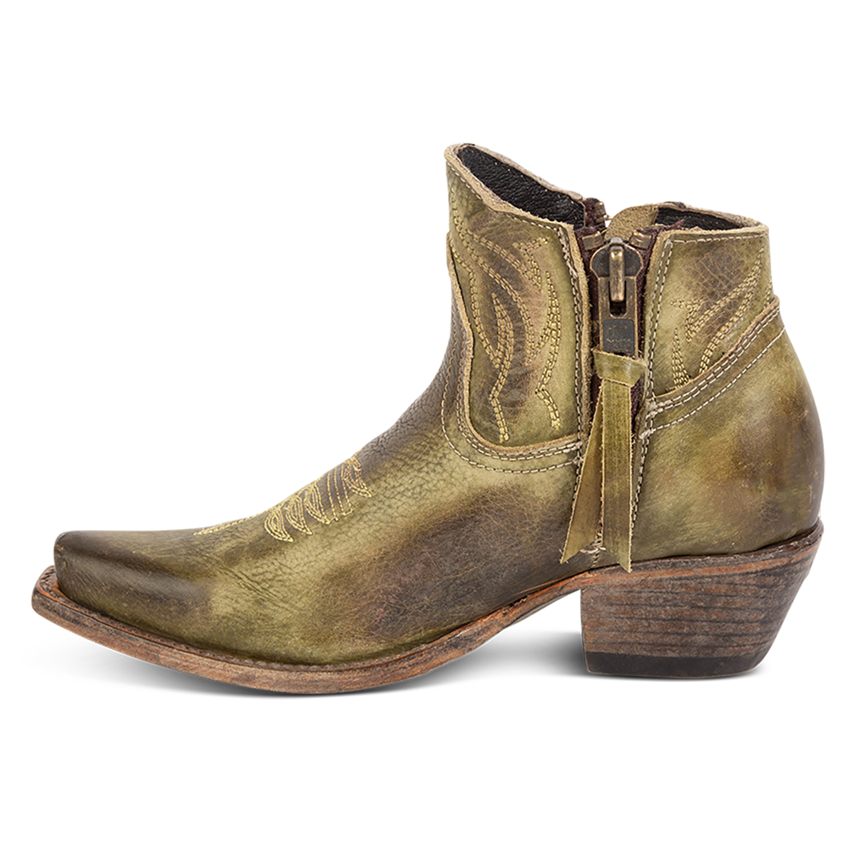 Side view of FREEBIRD women's Wolfie olive leather bootie with stitch detailing and snip toe construction