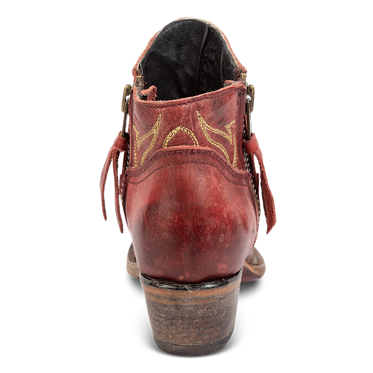 Back view of FREEBIRD women's Wolfie wine leather bootie with stitch detailing and low slanted heel