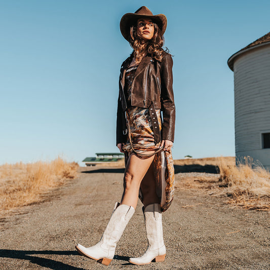 FREEBIRD women's Woodland beige leather cowboy boot with stitch detailing and snip toe construction lifestyle