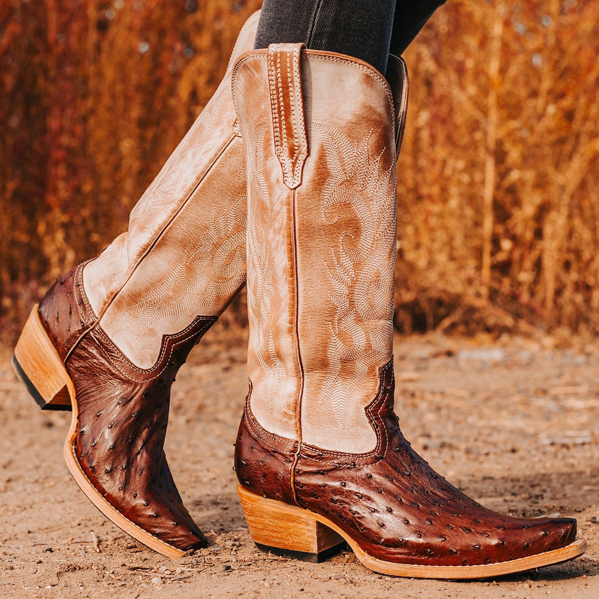 FREEBIRD women's Woodland brown ostrich leather cowboy boot with stitch detailing and snip toe construction