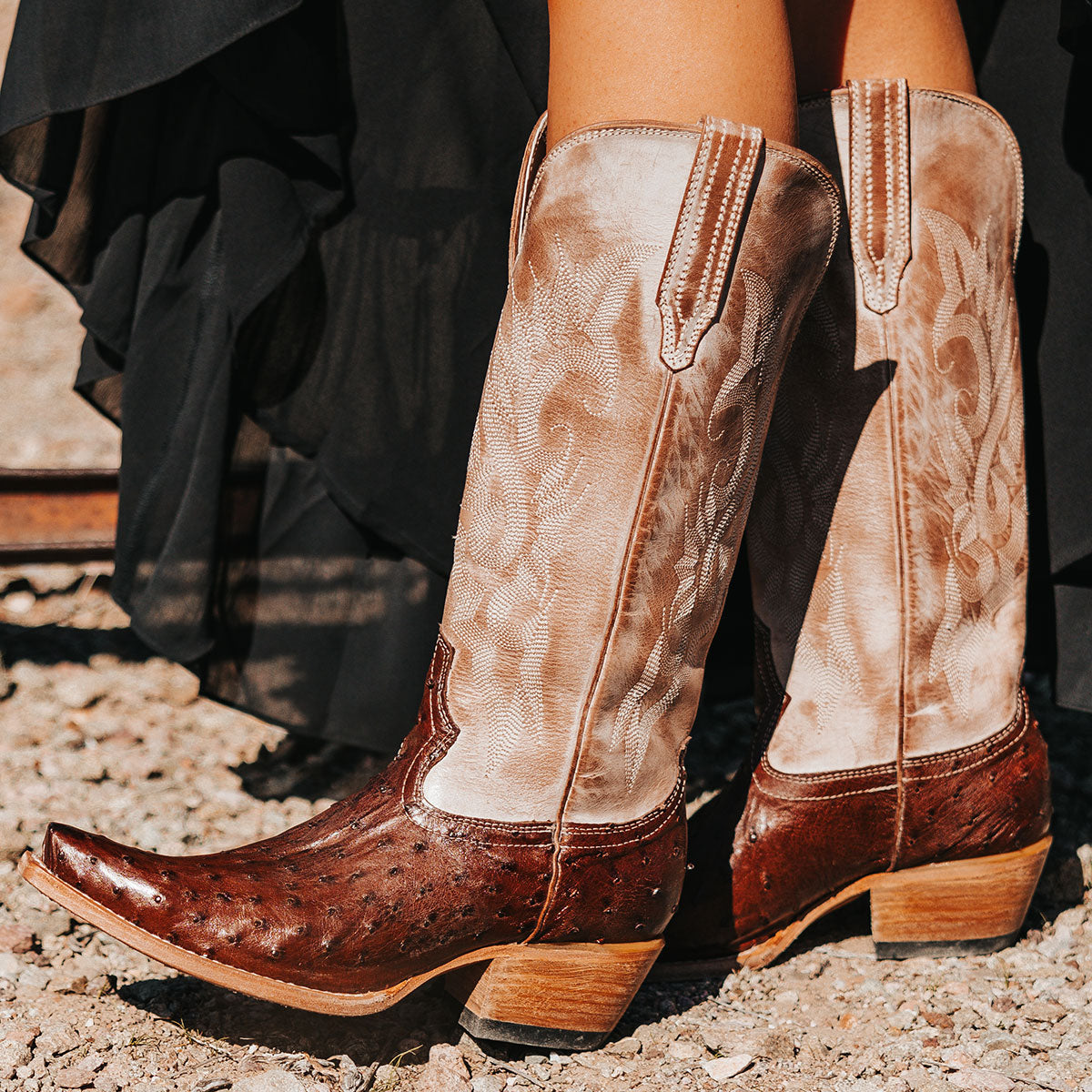 FREEBIRD women's Woodland brown ostrich leather cowboy boot with stitch detailing and snip toe construction