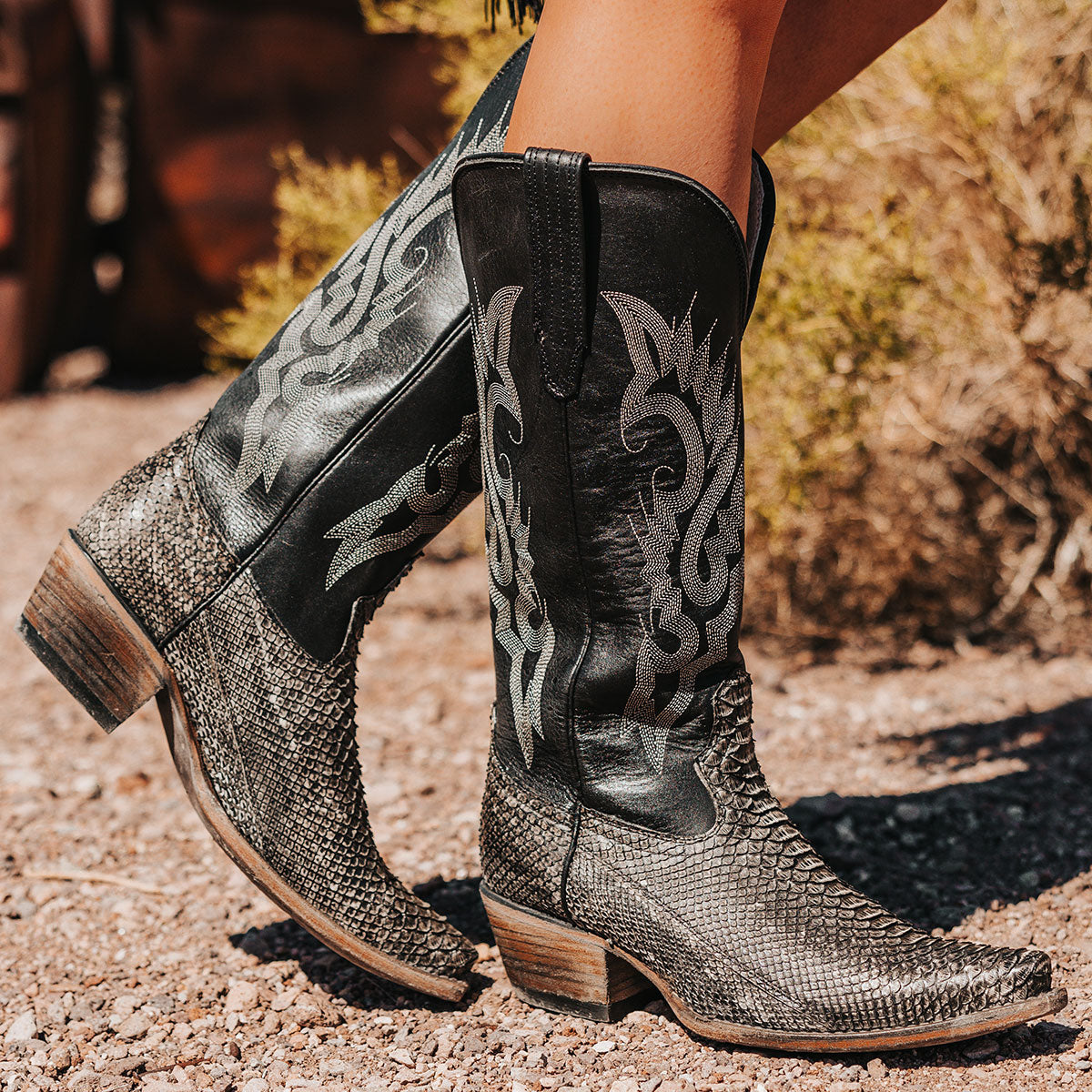 FREEBIRD women's Woodland grey python multi leather cowboy boot with stitch detailing and snip toe construction