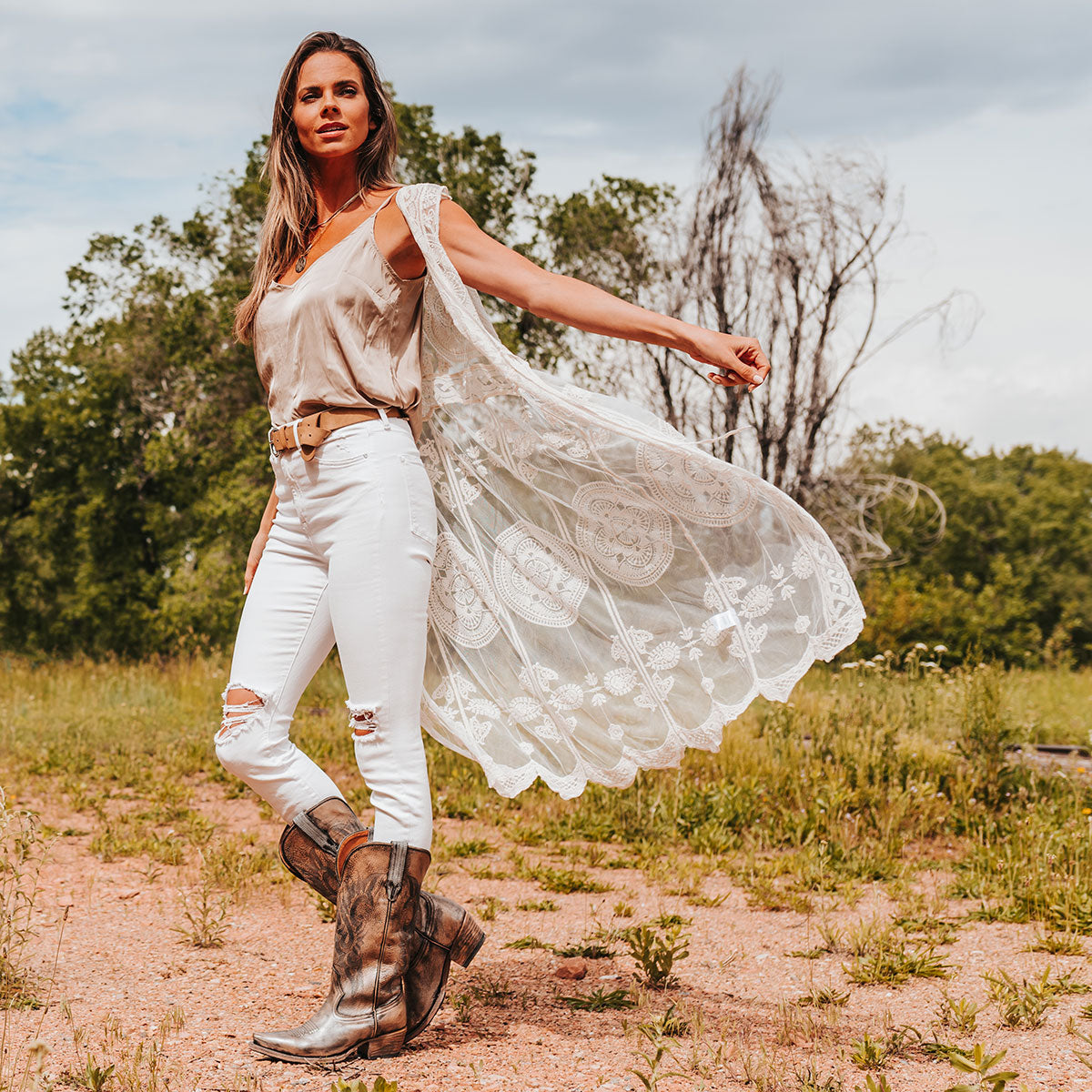 FREEBIRD women's Woodland pewter leather cowboy boot with stitch detailing and snip toe construction lifestyle