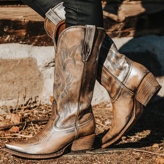 FREEBIRD women's Woodland pewter leather cowboy boot with stitch detailing and snip toe construction