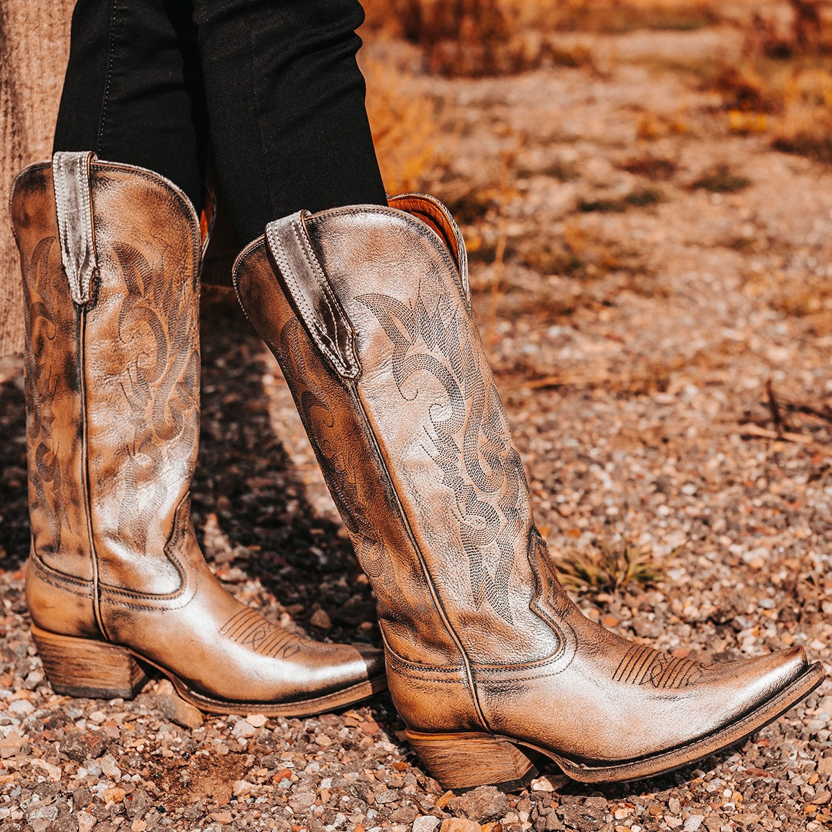 FREEBIRD women's Woodland pewter leather cowboy boot with stitch detailing and snip toe construction