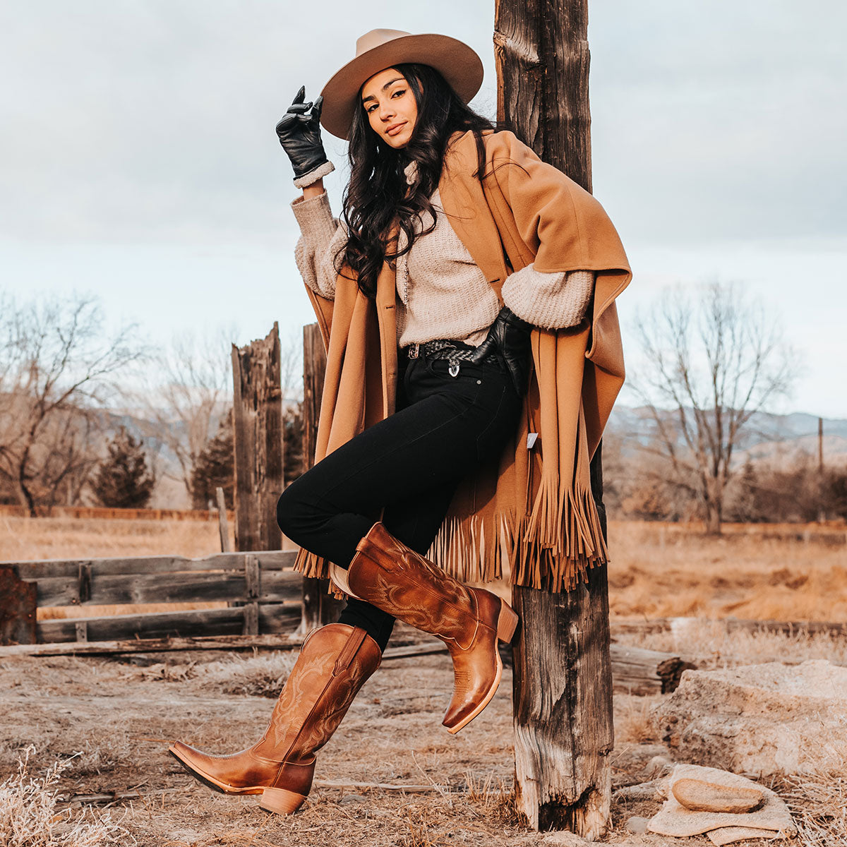 FREEBIRD women's Woodland tan leather cowboy boot with stitch detailing and snip toe construction lifestyle