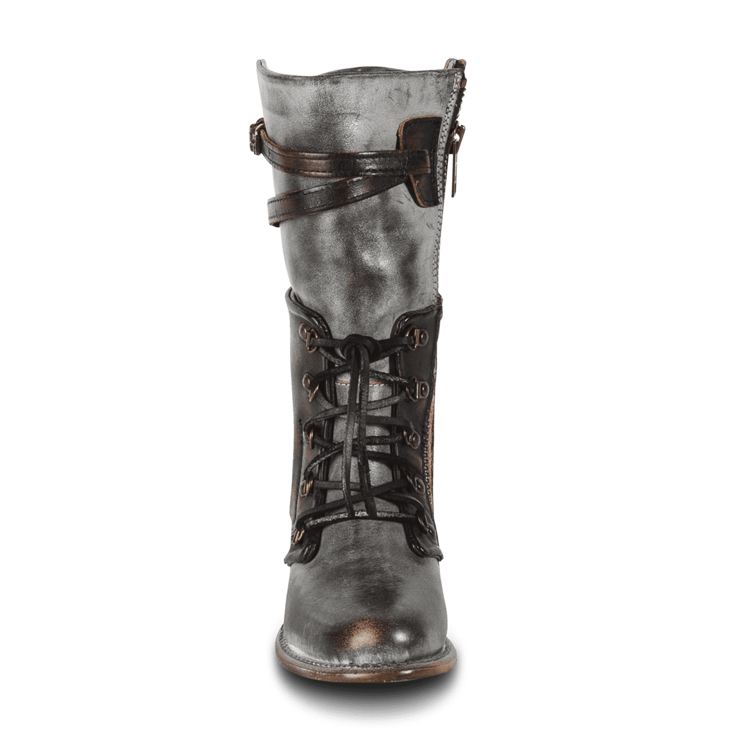 Front view showing leather lacing and contrasting leather shaft straps on FREEBIRD women's Ravi ice mid calf leather boot