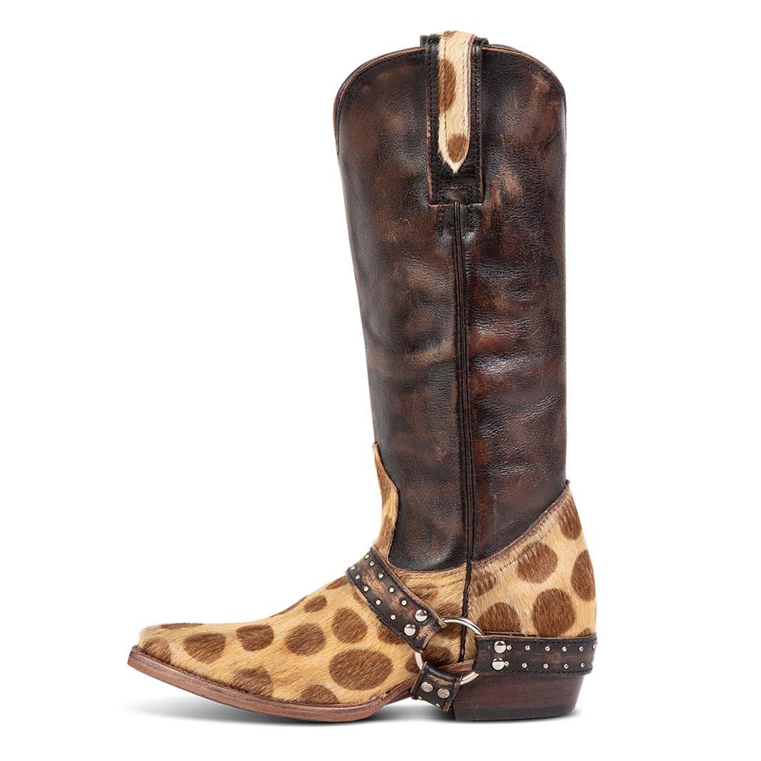 Inside view showing pull straps and western ankle harness on FREEBIRD women's Lusitano leopard boot