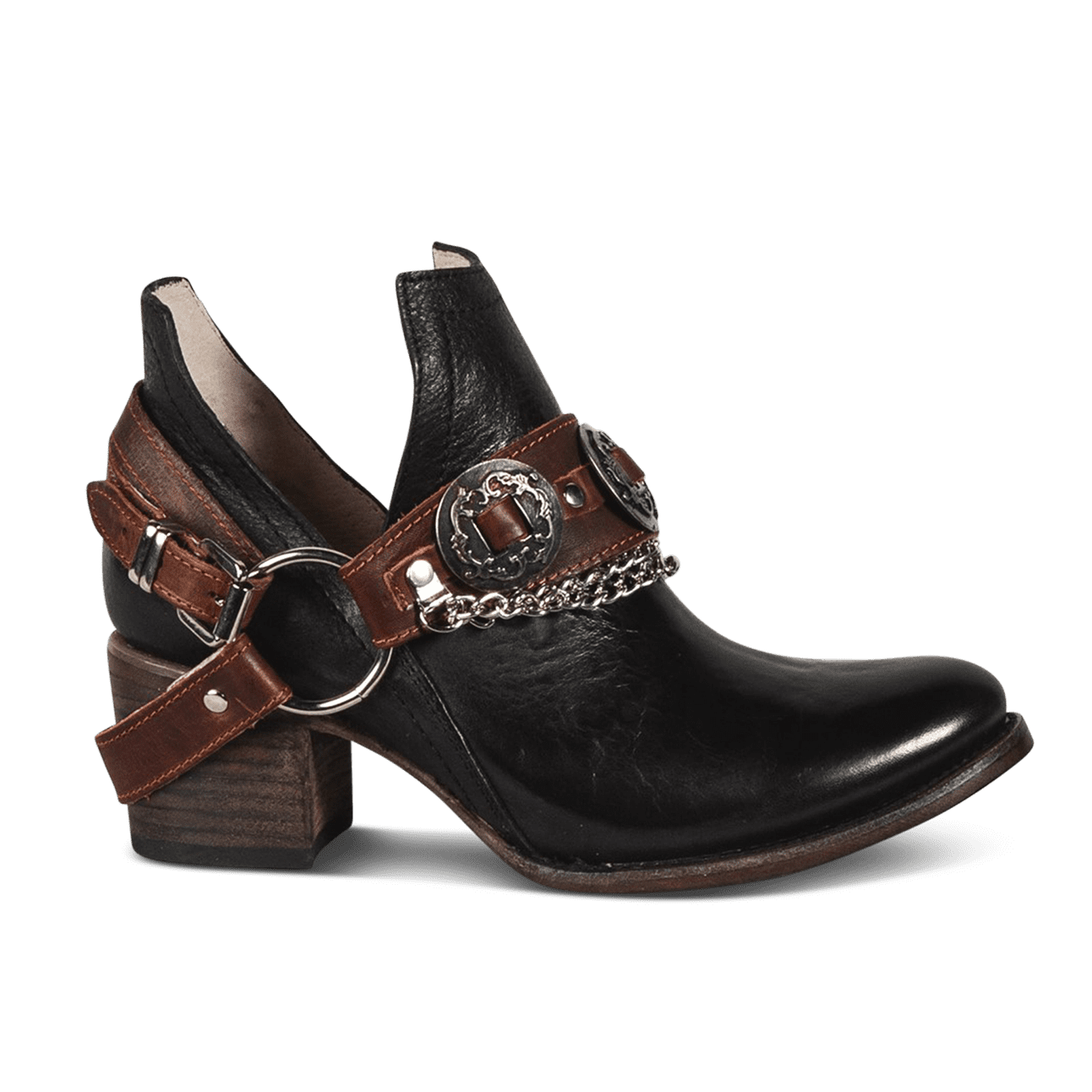 FREEBIRD women's Mystic black leather belted embellished bootie with ankle framing cuts