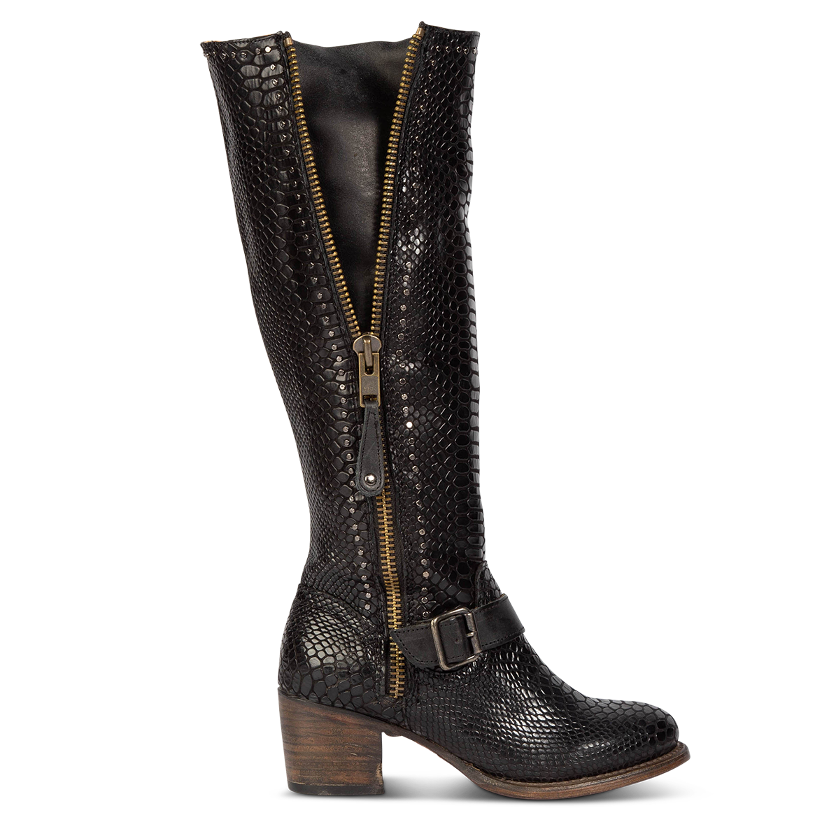 FREEBIRD women's Carson black snake tall boot with metal zipper, stud detailing and ankle strap